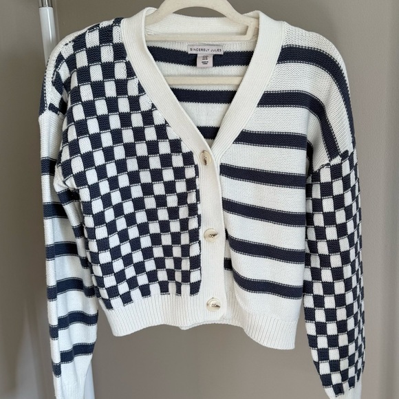 Sincerly Jules Sweaters - Sincerely Jules Navy and White Checkered Striped Cardigan